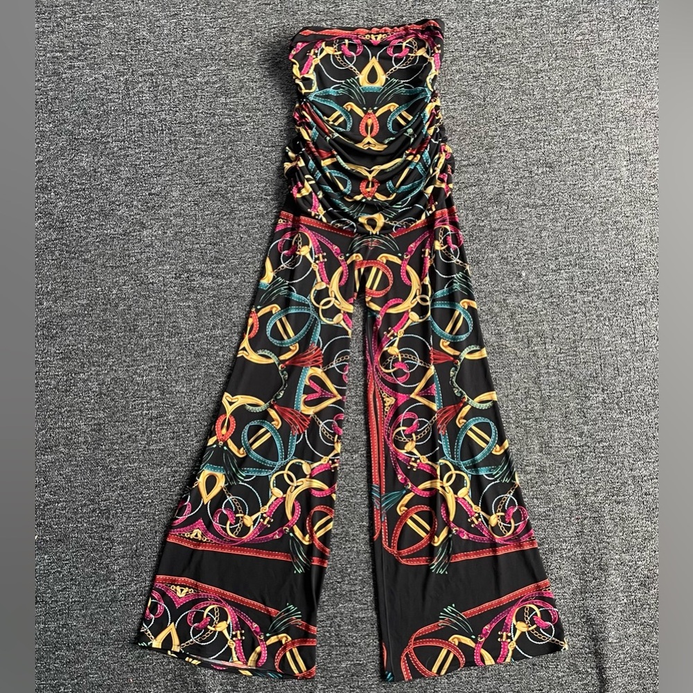 Eva Varro Black and Multicolored Jumpsuit with Wide-Leg Flow Flare Palazzo Style